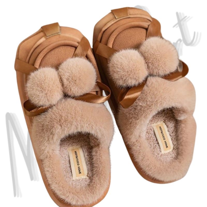 Cozy Faux Fur Slippers with Pom-Pom Detail Product Image